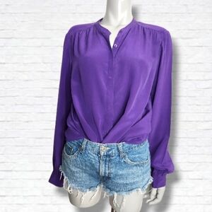 Vintage Royal Purple Collarless Silk Long Sleeve Blouse Size M